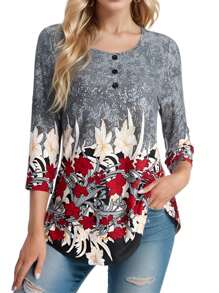 Women's Floral Print Casual Tops Blouse 3/4 Sleeve Buttons T Shirts - Xám - Xem 1
