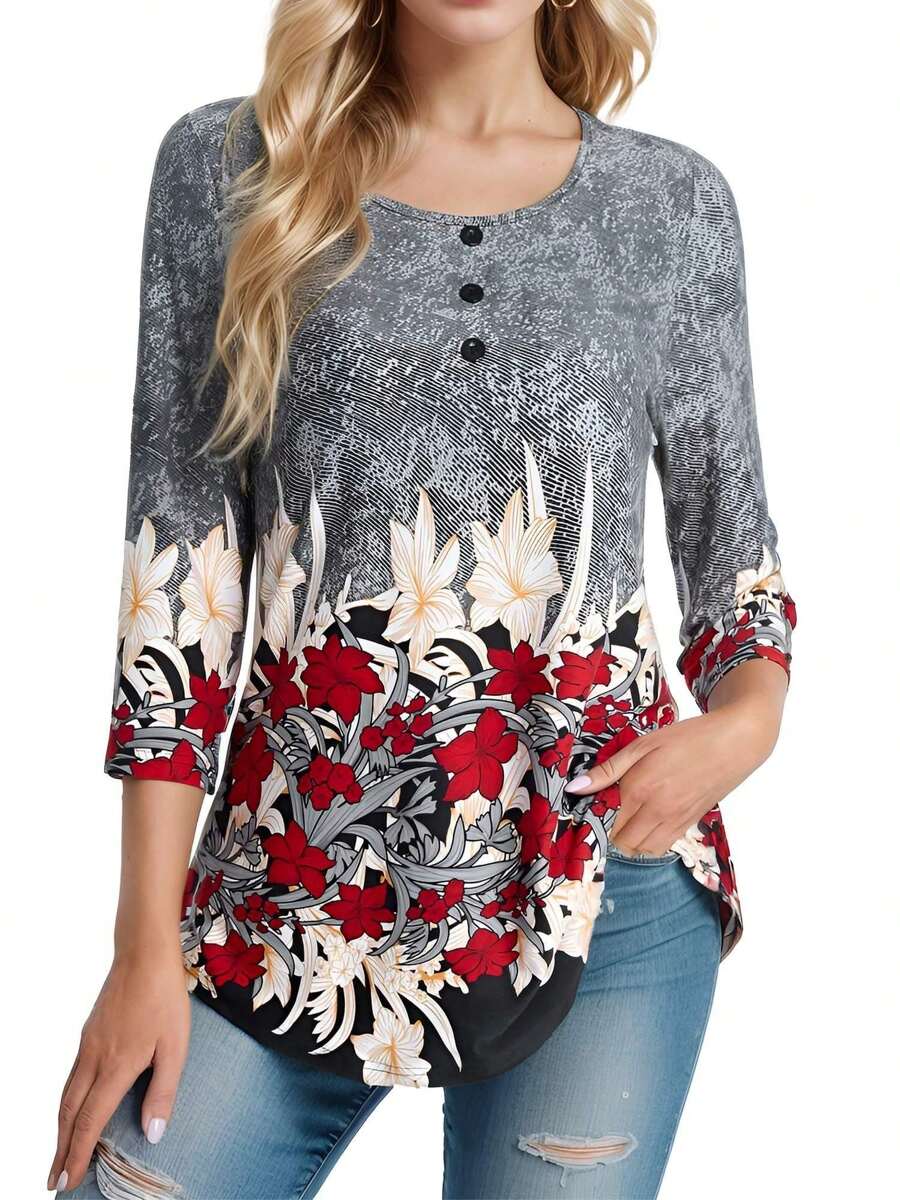 Women's Floral Print Casual Tops Blouse 3/4 Sleeve Buttons T Shirts - Xám - Xem 1
