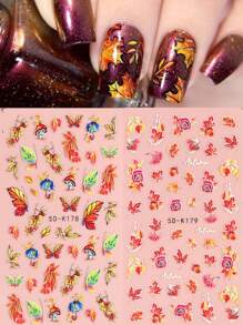 5D 浮雕热销红黄枫叶指甲贴纸秋季主题花朵玫瑰贴花指甲艺术装饰美甲 - 彩色 - 查看 13