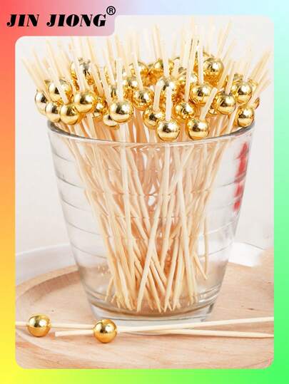 100 支一次性竹签，带金珠，适合派对、水果、蛋糕、小吃装饰、圣诞节