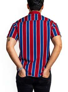 Camisa Hombre Casual Manga Corta Rayas Rojas, Azul Oscuro - Rojo - Ver 6