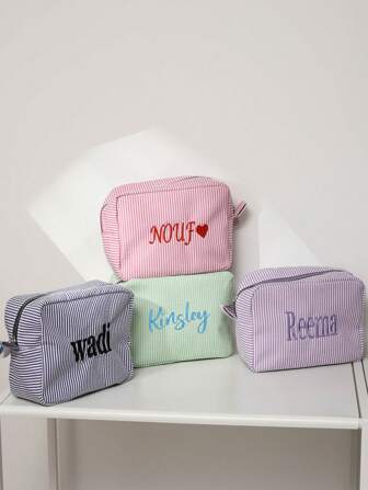 Personalized Embroidered Seersucker Makeup Bag, Letter Print Toiletry Bag, Embroidered Makeup Bag, Bridesmaid Makeup Bag, Bridesmaid Gift, Gift For Women, Personalized, Customized, Ideal Gift For Her, Girlfriend, Her, Boyfriend, Friend, Basic, Casual, Soft, Travel Makeup Bag,Chic Autumn,Look Glamour