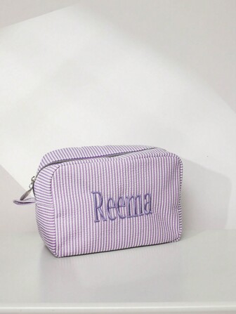 Bolsa de maquillaje de seersucker bordada personalizada, bolsa de aseo con estampado de letras, bolsa de maquillaje bordada, bolsa de maquillaje para dama de honor, regalo para dama de honor, regalo para mujer, personalizado, personalizado, regalo ideal para ella, novia, ella, novio, amigo, básico, casual, suave, bolsa de maquillaje de viaje, elegante otoño, look glamoroso