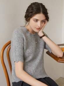 Knit Mix 女士针织法式通勤纯色圆领短袖荷叶边常规宽松T恤，夏季基本款短袖上衣（图案随机） - 灰色 - 查看 6