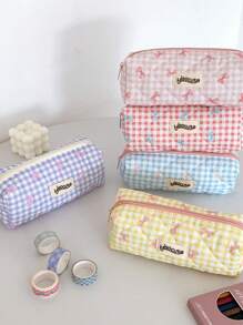 1 pieza Estuche de lápices con lazo y estampado a cuadros, estilo fresco, diseño coreano de vuelta a la escuela, útiles escolares, estuche de lápices, mochila escolar
