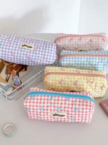 1 pieza Estuche de lápices con lazo y estampado a cuadros, estilo fresco, diseño coreano de vuelta a la escuela, útiles escolares, estuche de lápices, mochila escolar