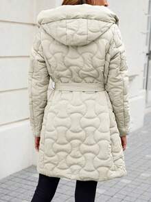 优雅舒适的女式连帽夹克，配有腰带和口袋 - 非常适合冬季和秋季天气 - 白色 - 查看 2