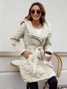 优雅舒适的女式连帽夹克，配有腰带和口袋 - 非常适合冬季和秋季天气 - 白色 - 查看 6