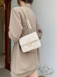 時尚刺繡包帶珍珠鏈條帶,迷你翻蓋方形單肩包斜挎包適合女士