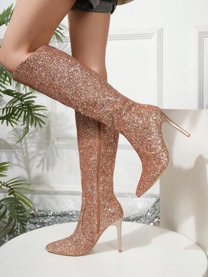 2024 New Stylish Sexy Pointed Toe Thigh High Boots With Zipper, Sequins Decor & Metallic Heel For Women