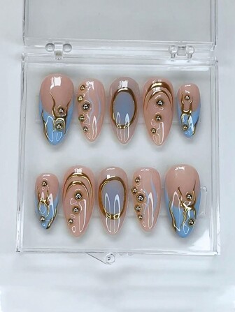 10pcs Set Almond-Shaped French Tip 3D Acrylic Fake Nails With Metallic Gold Studs, Reusable Nail Art Manicure Accessories For Women, Girls, Actresses, Stage Performance, Festivals, Parties, Weddings, Daily Wear Press On Nails