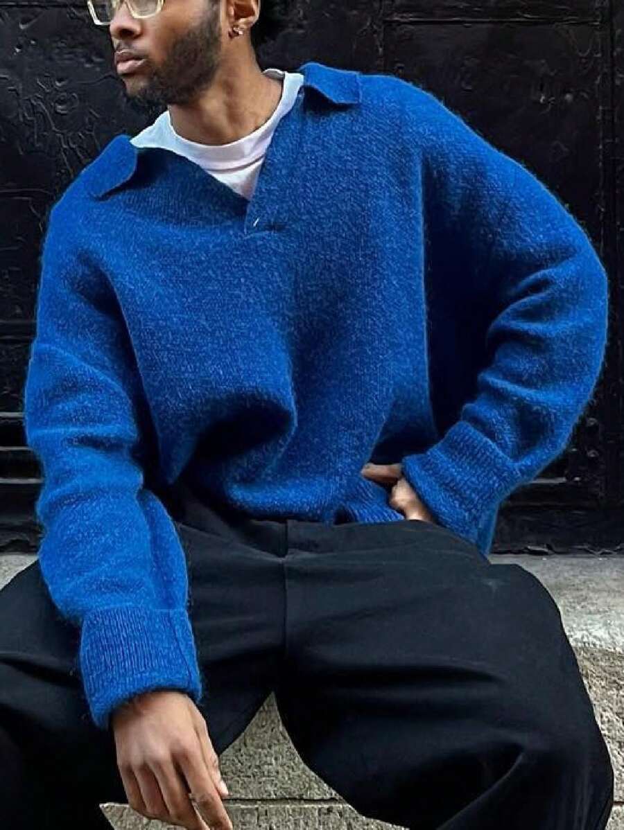 كنزة صوفية بولوفر كاجوال فضفاضة من أندريلي، ملابس علوية محبوك بأكمام طويلة وياقة مرنة، متعدد الاستخدامات بطابع الملابس الشارعية، يناسب الجنسين، للربيع/الخريف/الشتاء - الأزرق - مشاهدة 1