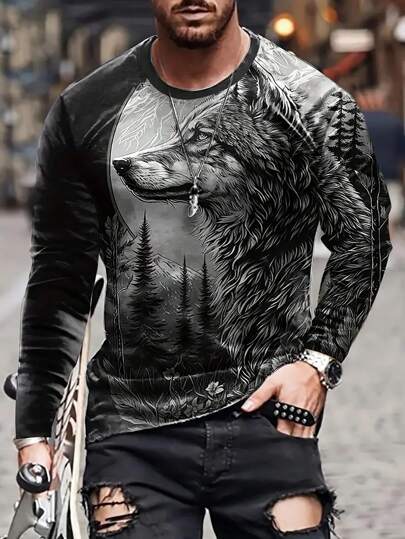 Camiseta de manga larga casual con cuello redondo y estampado digital de cabeza de lobo para hombre, otoño