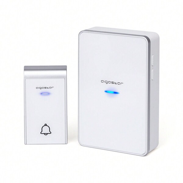 Aigostar Ring DC- Timbre Inalámbrico para Puerta, Exterior IP44 impermeable, timbre inalámbrico a pilas, de Puerta con Indicadores LED, 3 Niveles de Volumen Ajustables, 36 Melodías, Blanco