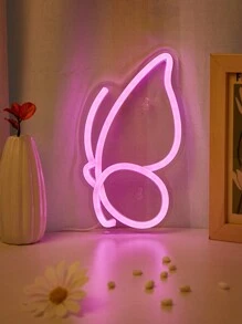 CHI-BUY 1 pieza Nuevo letrero de neón LED de iluminación decorativa, incluye sombrero rosa, gato rosa "Shhhh", mariposa rosa, cabeza de gato, pata rosa en espejo, flor azul en espejo, taza de bebida, señal de neón LED blanca cálida con corazón doble, para decoración de pared de boda interior, alimentado por USB de 5V, adecuado para dormitorio, sala de estar