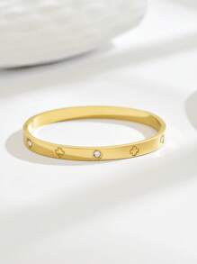 سوار من الفولاذ المقاوم للصدأ للسيدات المصنوع من مكون رباعي الأوراق مرصع بالماس، إكسسوار فاخر وراقي للمرأة - الذهبي - مشاهدة 7