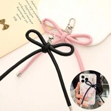 2pcs PU Leather Rope Bow Keychain Lanyard, Phone Strap, Suitable For Decoration On Backpack, Camera, And Other Items - Black+Pink - View 1