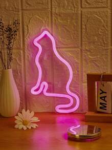 CHI-BUY 1 pieza Nuevo letrero de neón LED de iluminación decorativa, incluye sombrero rosa, gato rosa "Shhhh", mariposa rosa, cabeza de gato, pata rosa en espejo, flor azul en espejo, taza de bebida, señal de neón LED blanca cálida con corazón doble, para decoración de pared de boda interior, alimentado por USB de 5V, adecuado para dormitorio, sala de estar