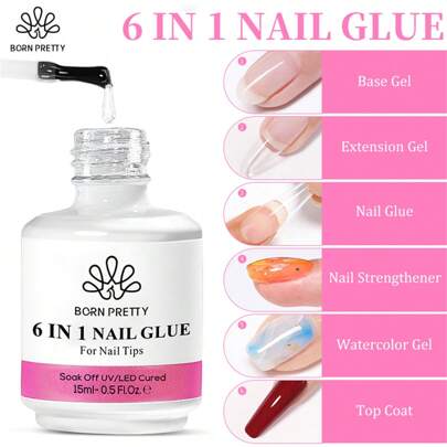 BORN PRETTY 6 IN 1 15ml Base Gel Nail Glue Gel Extension Gel Transparent Clear Top Coat Function UV Gel Soak Off Nail Art Varnish Strengthen Nails Reinforcement Manicure