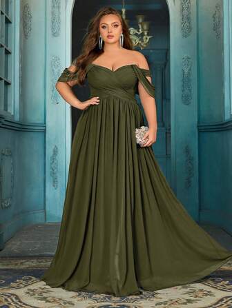 QOQ Vestido de dama de honor de talla grande estilo diario y elegante para verano, vestido formal largo de gasa de unicolor para bodas románticas, eventos formales y vestido de invitada de boda