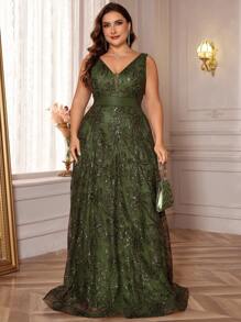 Plus Size Women High Quality Sequin Embroidery Patchwork Ribbon V-Neck A-Line Elegant Formal Evening Party Ball Gown Dress (Heavily Decor) Wedding Guest Dress - 橄欖綠 - 查看 6