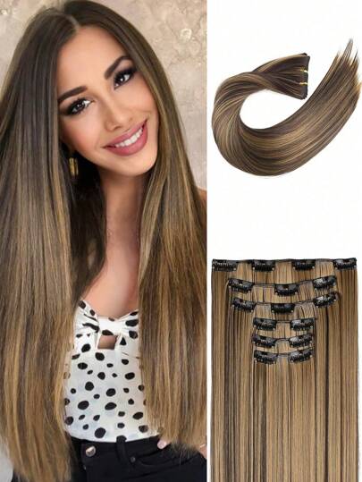 1 件 6 件夹式接发，含 16 个夹子，24 英寸延长直发接发（深棕色和脏金色），适合女性日常使用