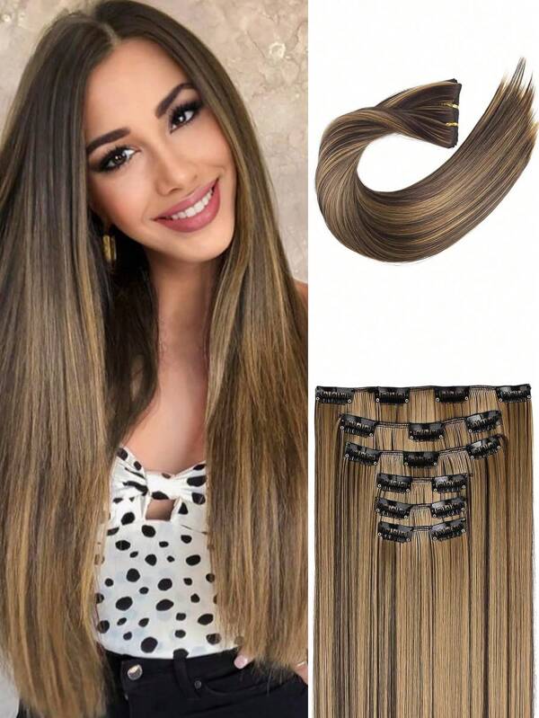 1-Piece 6 Pieces Clip Style Hair Extension With 16 Clips, 24 Inch Extended Straight Hair Extensions (Dark Brown And Dirty Blond Hair), Suitable For Women's Daily Use