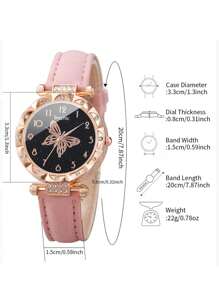 Women's Fashion Casual Crystal Butterfly Numeral Dial Quartz Wrist Watch With Butterfly Jewelry Set (6pcs/Set), Not Including Watch Box