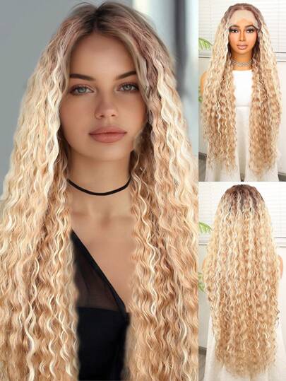 Pelucas de encaje frontal resistentes al calor sintéticas con pelo de bebé 13*4.5*1 con línea del cabello pre-arrancada, cabello sintético resistente al calor súper largo y rizado de onda de 32 pulgadas en color negro con separación parcial para uso diario, de alta calidad y aspecto natural, para mujer, de buena calidad, suave y cómoda de llevar