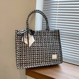 Large Capacity Felt Textured Plaid Tote Handbag, Literary School Bag & Book Bag For Women Or Students, Perfect For Books, Shopping, Back To School And More