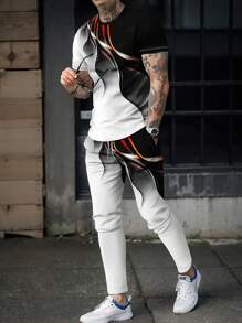 Asymmetrical Fluid Color Block & Line Print Short Sleeve T-Shirt And Pants Men Casual Street Wear Set - Black and White - View 1