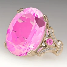 奢华椭圆形切割红宝石和方晶锆石永恒承诺/结婚戒指礼物 - 粉色 - 查看 1