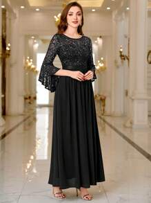 MIUSOL 亮片花卉蕾丝喇叭袖撞色褶裥下摆正式派对长裙，婚礼宾客礼服 - 黑色 - 查看 7