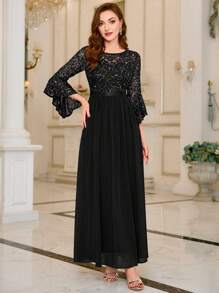 MIUSOL 亮片花卉蕾丝喇叭袖撞色褶裥下摆正式派对长裙，婚礼宾客礼服 - 黑色 - 查看 6