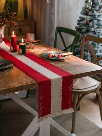 1pc/4pcs/6pcs Christmas Table Runner, Elegant Tassel Trimmed Rectangular Table Runners For Home & Kitchen Decor, Bohemian Red And Cream Rustic Table Runners,Home Decor,Christmas Decor,Party Supplies