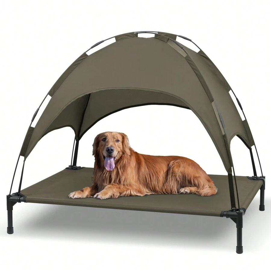 Elevated Dog Bed With Canopy, Outdoor Dog Cot With Removable Canopy Shade Tent, Portable Raised Pet Cot Cooling Bed For Dogs - 棕色 - 查看 1