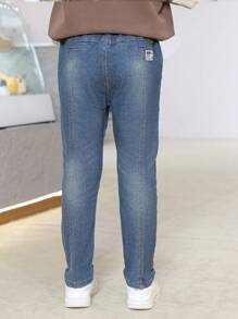 1pc Tween Boy Minimalist Denim Jeans, Spring & Autumn - Navy Blue - View 2