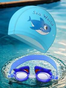 2 Stücke niedliche Cartoon Badekappen und Schwimmbrillen Kombination, hochauflösende verstellbare Silikon Kinder Schwimmbrillen, PU-Material Kinder Badekappen, geeignet für Mädchen Schwimmausrüstung, ideale Wahl für Sommergeschenke für Kinder