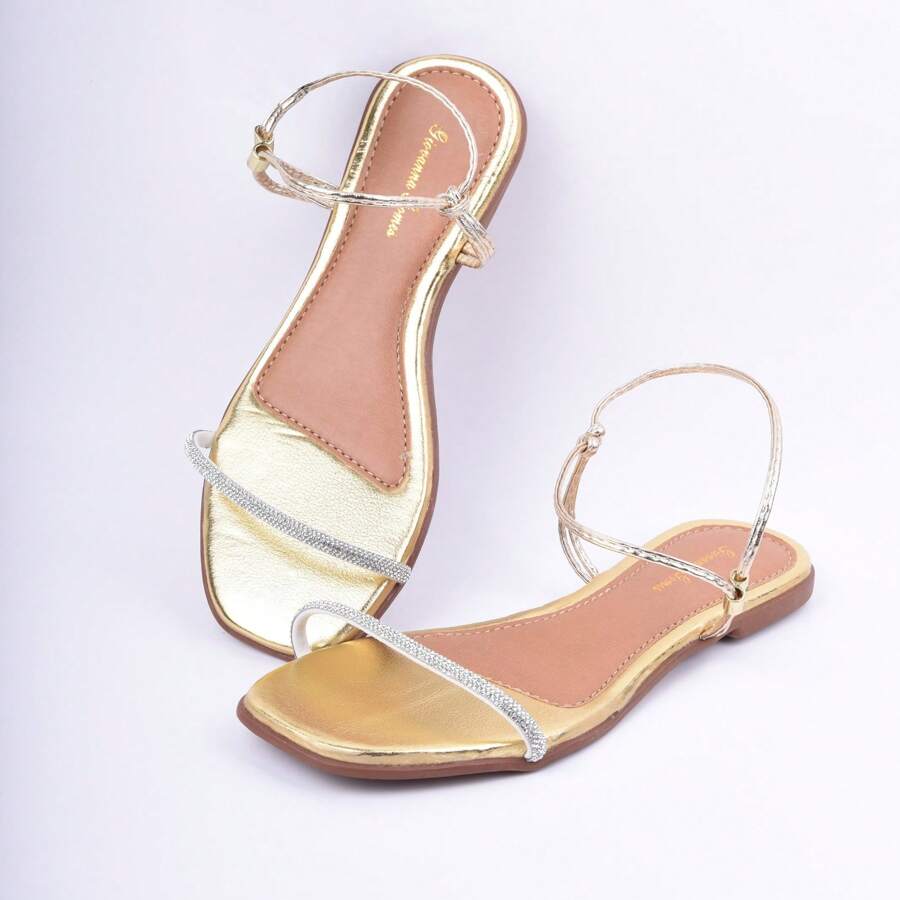 Giovana Flat Sandal Feminine Strass Metalica Calce Easy With Back Day To Day Comfort - Vàng - Xem 1