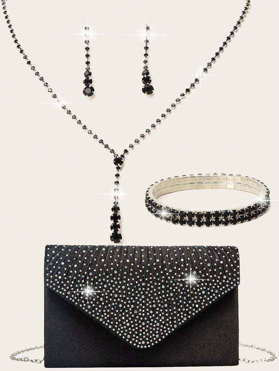 Bộ 4 món: Túi xách dự tiệc đính đá cho nữ, bông tai kẹp đính đá, vòng cổ và vòng tay cưới, ví cầm tay đính sequin lấp lánh có tua rua, túi xách kiểu phong bì dự tiệc, túi đeo vai đính đá lấp lánh cho nữ có dây xích tháo rời, thích hợp cho đám cưới và tiệc tùng. - màu đen - Xem 1