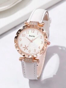 6 件/套女士时尚休闲水钻花卉表盘石英腕表 + 水钻心形首饰套装（不含表盒）