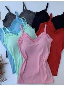 Cailin Store Women's Blouse Tank Top Ruffles Ribbed With Pad Basic Assorted Fashion Super Shipping!! - 黑色 - 查看 3