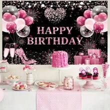 1 pieza Pancarta de feliz cumpleaños color rosa y dorado, tela de fondo de fotografía de cumpleaños con purpurina, pancartas de cumpleaños en negro, rosa y oro, cartel de feliz cumpleaños en rosa y oro, decoración para mujeres y Navidad - Multicolor - Ver 5