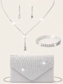 4 Pieces Women Rhinestone Evening Clutch Bag Rhinestone Ear Clip Bridal Wedding Choker Bracelet Dangle Bling Glitter Purse Clutch Purse Envelope Evening Bag For Women Prom Sparkling Rhinestone Handbag With Detachable Chain For Wedding And Party Shoulder Bag For Women - Silver - View 1