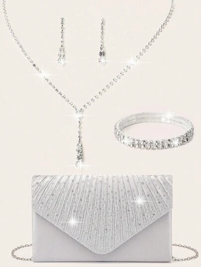 4 件装女式水钻晚装手拿包水钻耳夹新娘婚礼颈链手链吊饰闪亮钱包手拿包信封式晚装包女士舞会闪亮水钻手提包带可拆卸链条适用于婚礼和派对女士单肩包