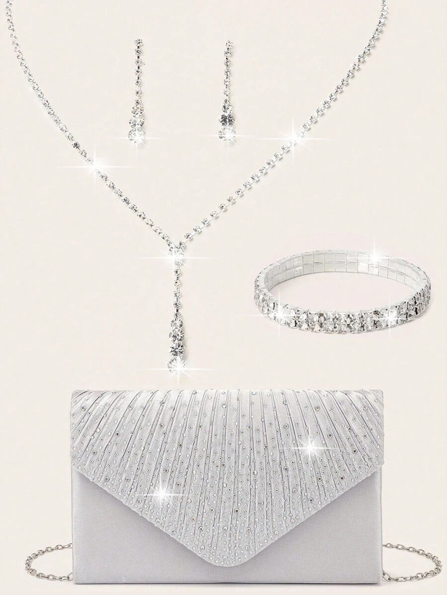 4 Pieces Women Rhinestone Evening Clutch Bag Rhinestone Ear Clip Bridal Wedding Choker Bracelet Dangle Bling Glitter Purse Clutch Purse Envelope Evening Bag For Women Prom Sparkling Rhinestone Handbag With Detachable Chain For Wedding And Party Shoulder Bag For Women - Silver - View 1
