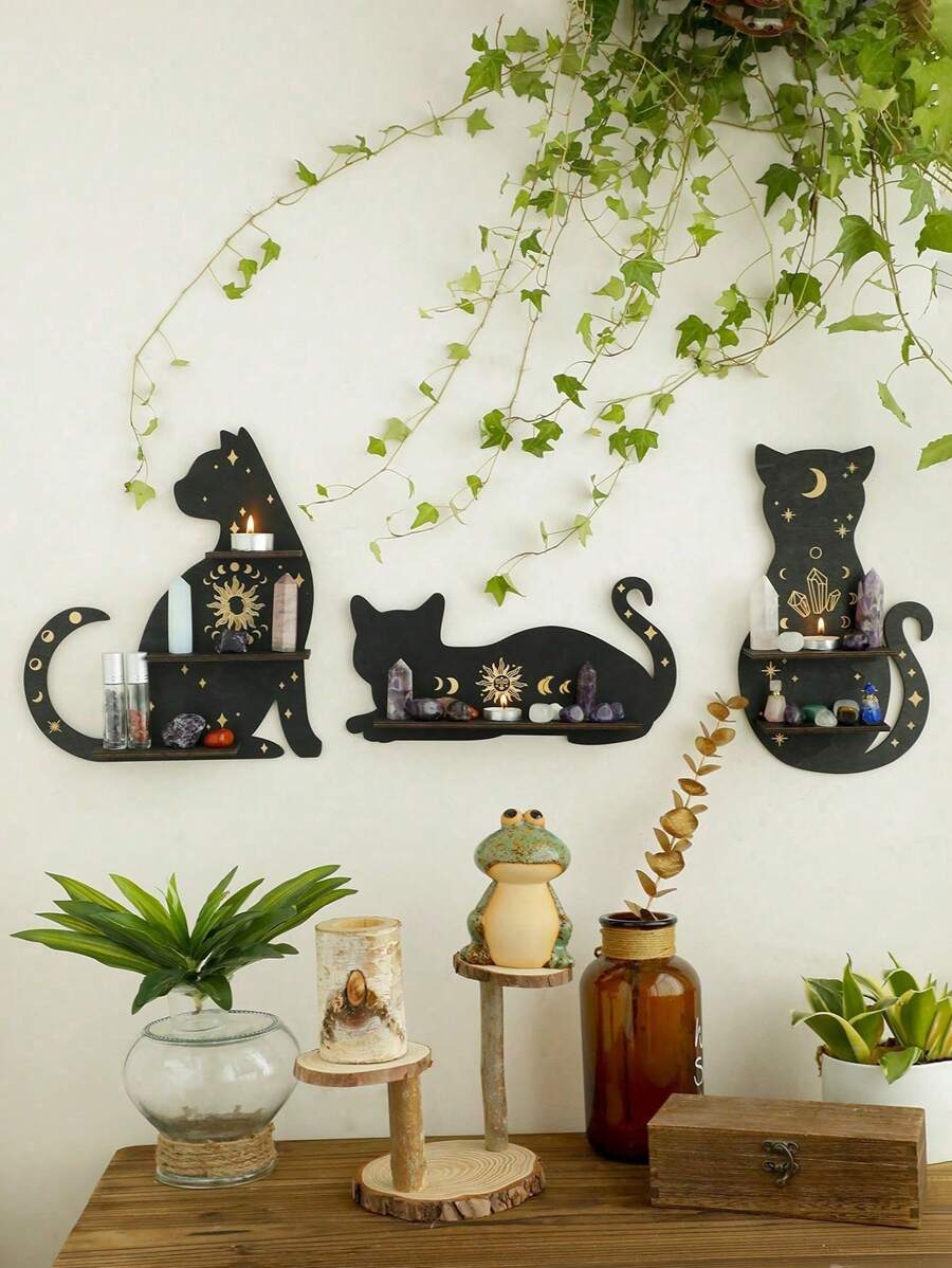 1 kệ trưng bày pha lê hình mèo đen, móc treo, kệ hình mặt trăng nổi, đựng pha lê, kệ gỗ treo tường dễ thương, giá đỡ pha lê để trưng bày đá, trang trí tường theo phong cách Gothic cho gia đình (Vui lòng không sửa đổi tiêu đề của mặt hàng đang bán, xin cảm ơn), trang trí nhà cửa, trang trí phòng, quà tặng trang trí tường, sinh nhật, tốt nghiệp, trang trí Halloween, trang trí mùa thu, trang trí nhà bếp