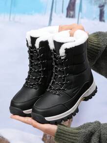 Nuevas botas altas de invierno para mujer con antideslizante, forrada para mantener el calor y que llegan hasta el tobillo. Botas de nieve impermeables. Botas de invierno cálidas para exteriores. Botas calientes con cordones negros para mujer. Botas de tobillo cortas para hombre. Botas de senderismo para deportes al aire libre. Botas de invierno para parejas para viajes. - Negro - Ver 4