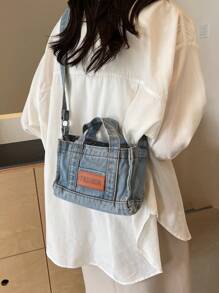 KVKY 1قطعة حقيبة كتف جينز صغيرة أنيقة، زخرفة رقعة حرفية، حقيبة كتف قابلة للتحويل، حقيبة كروس نسائية خفيفة الوزن متعددة الاستخدامات