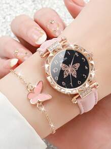 Women's Fashion Casual Crystal Butterfly Numeral Dial Quartz Wrist Watch With Butterfly Jewelry Set (6pcs/Set), Not Including Watch Box